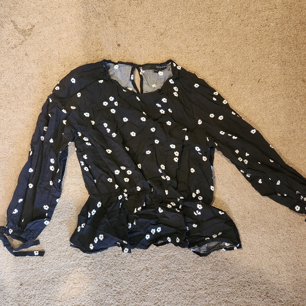Harve Benard Black Blouse with White Floral Design